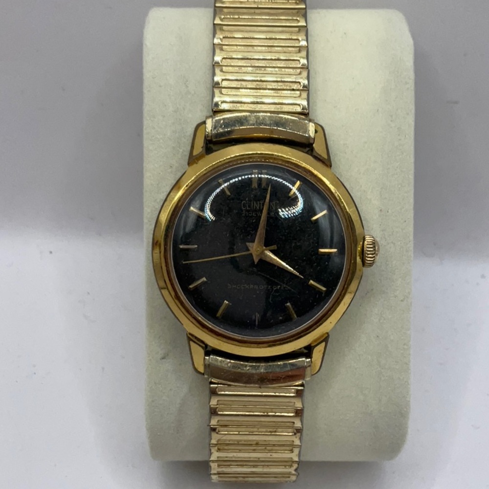 Vintage Clinton Automatic 21 Jewel Gold With Black Dial RUNS!